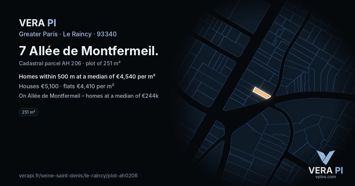 7 Allée de Montfermeil, Le Raincy at night – the plot lit, the parcels around coloured by the prices near them
