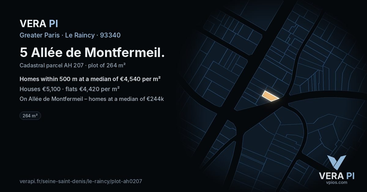 5 Allée de Montfermeil, Le Raincy at night – the plot lit, the parcels around coloured by the prices near them