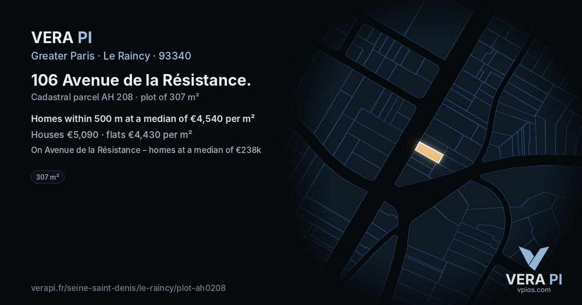 106 Avenue de la Résistance, Le Raincy at night – the plot lit, the parcels around coloured by the prices near them
