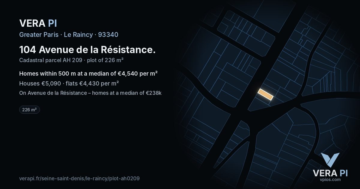 104 Avenue de la Résistance, Le Raincy at night – the plot lit, the parcels around coloured by the prices near them