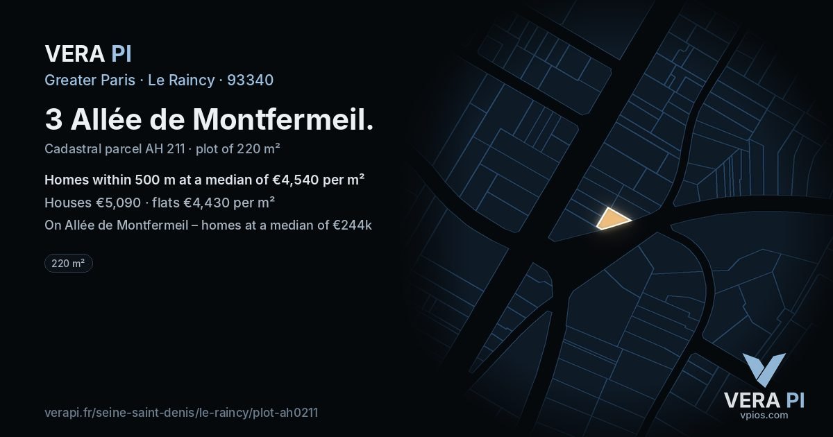 3 Allée de Montfermeil, Le Raincy at night – the plot lit, the parcels around coloured by the prices near them