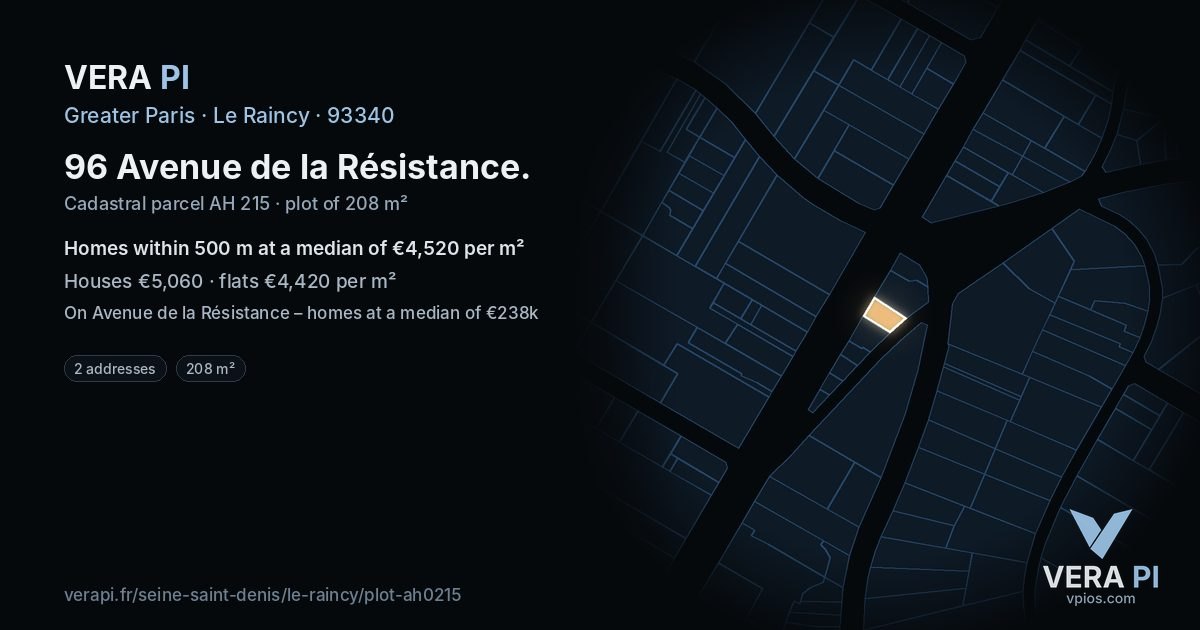 96 Avenue de la Résistance, Le Raincy at night – the plot lit, the parcels around coloured by the prices near them
