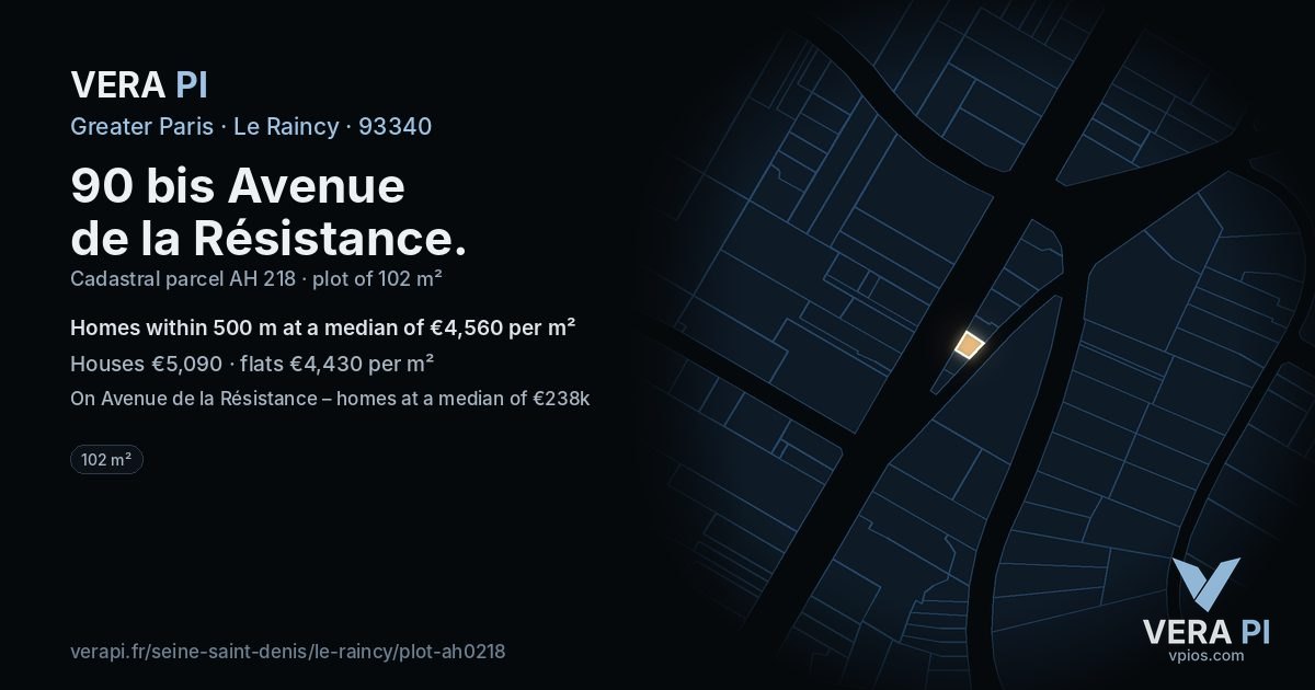 90 bis Avenue de la Résistance, Le Raincy at night – the plot lit, the parcels around coloured by the prices near them