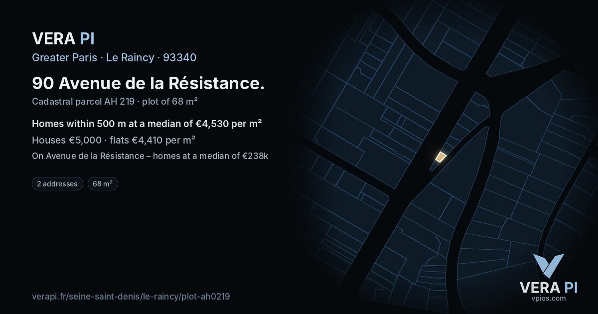 90 Avenue de la Résistance, Le Raincy at night – the plot lit, the parcels around coloured by the prices near them