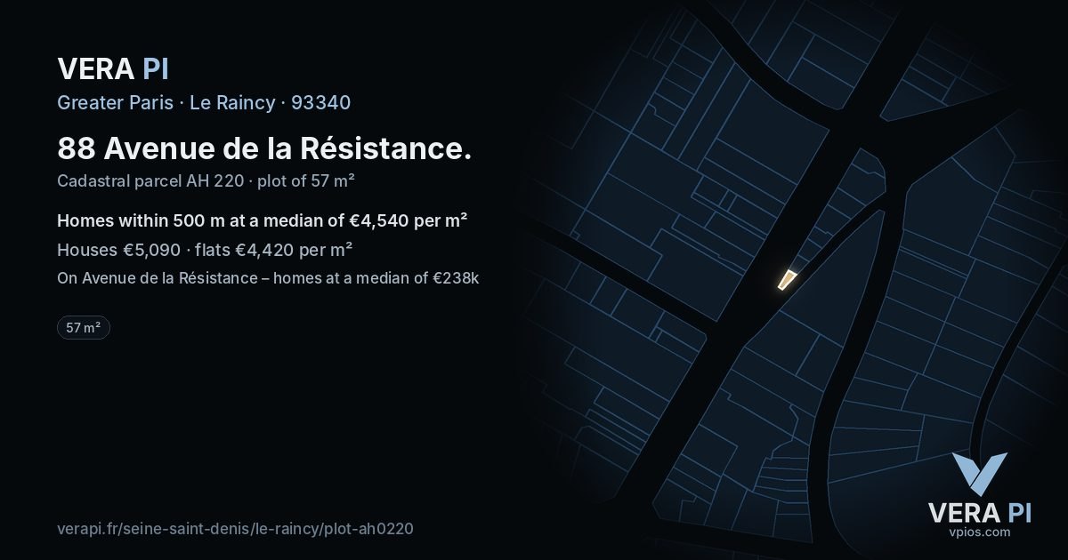 88 Avenue de la Résistance, Le Raincy at night – the plot lit, the parcels around coloured by the prices near them