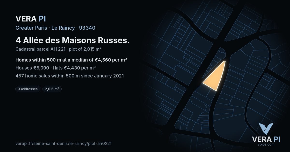 4 Allée des Maisons Russes, Le Raincy at night – the plot lit, the parcels around coloured by the prices near them