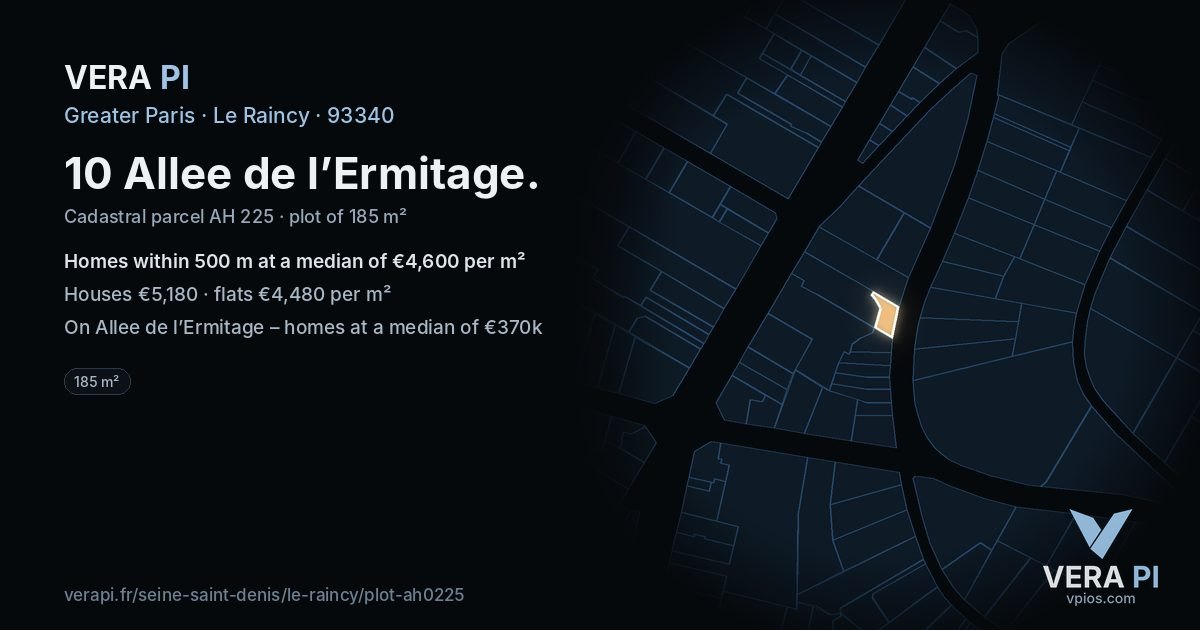 10 Allee de l’Ermitage, Le Raincy at night – the plot lit, the parcels around coloured by the prices near them