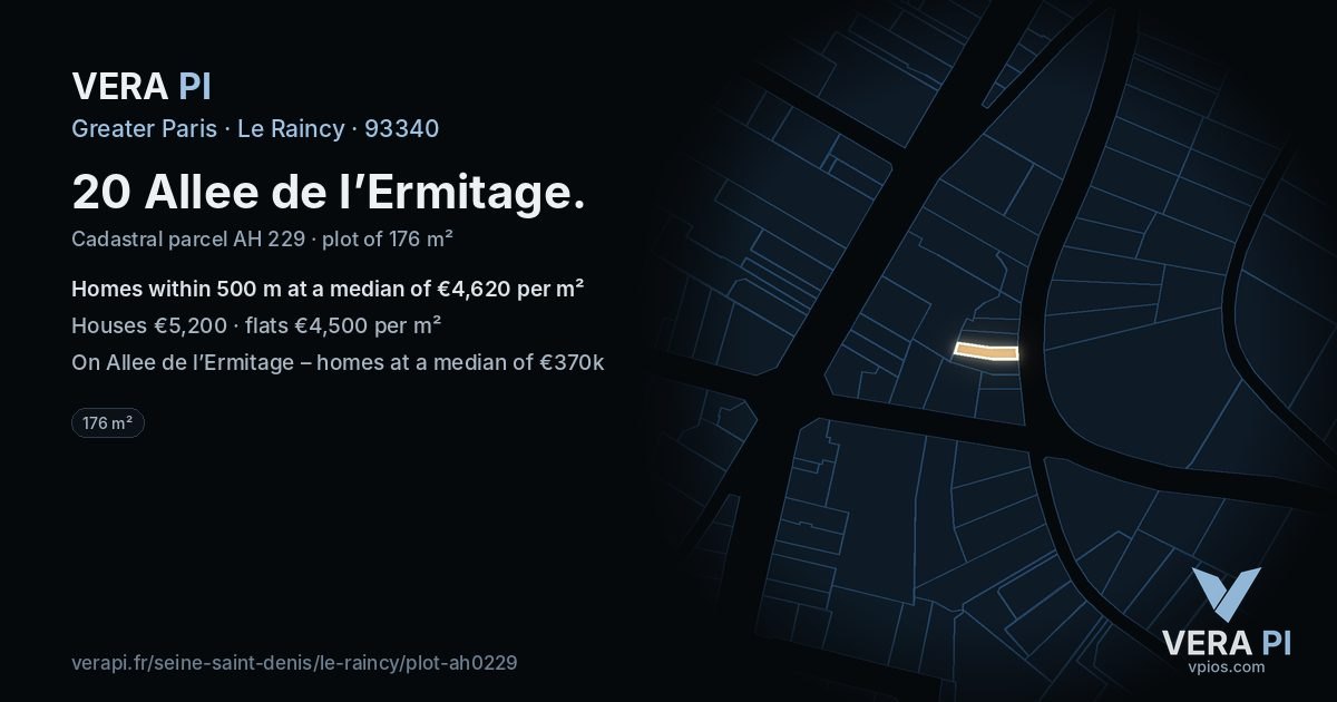 20 Allee de l’Ermitage, Le Raincy at night – the plot lit, the parcels around coloured by the prices near them