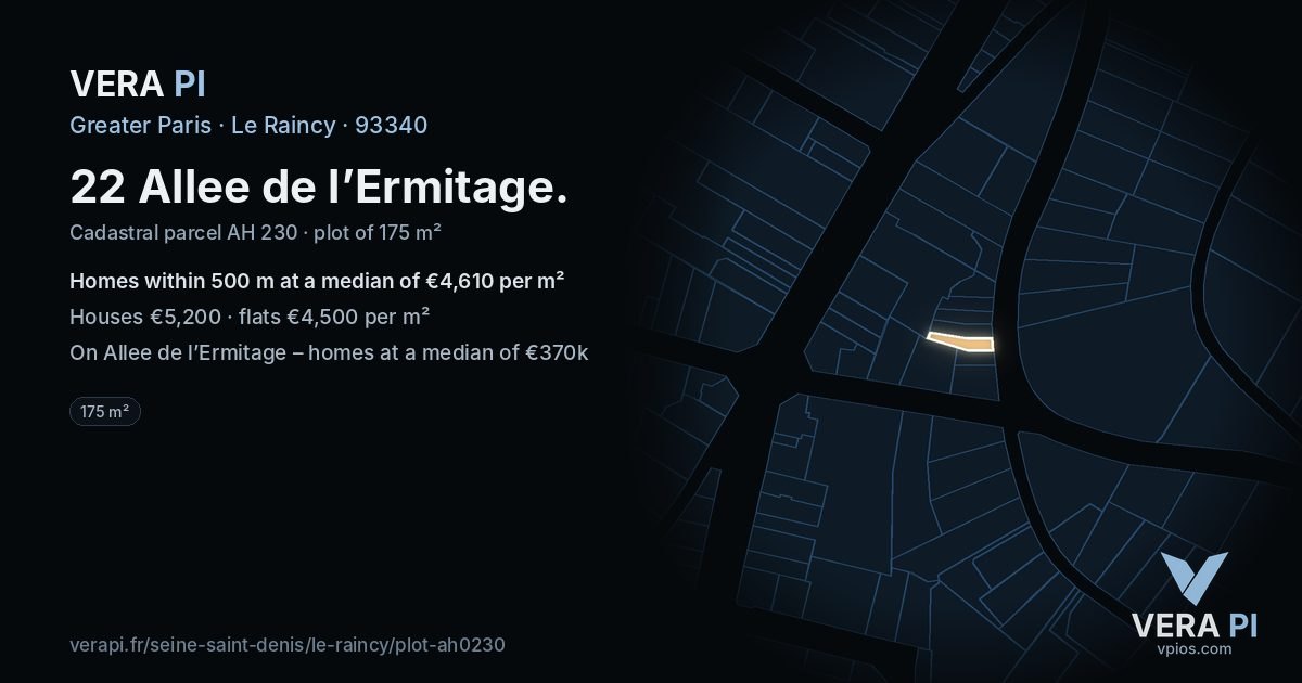 22 Allee de l’Ermitage, Le Raincy at night – the plot lit, the parcels around coloured by the prices near them