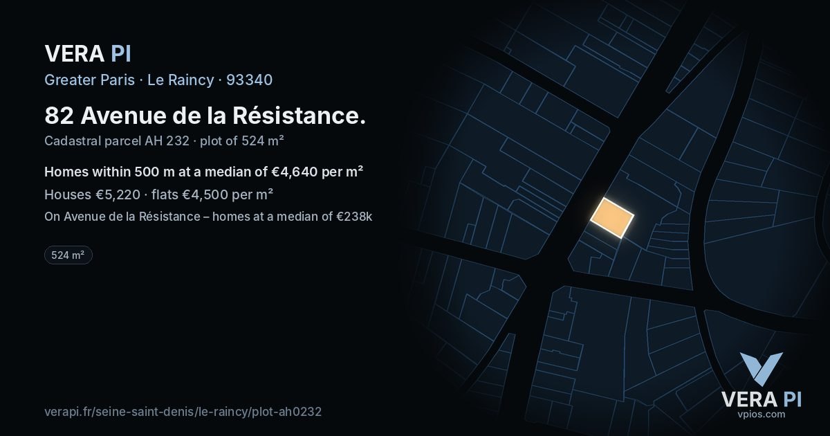82 Avenue de la Résistance, Le Raincy at night – the plot lit, the parcels around coloured by the prices near them