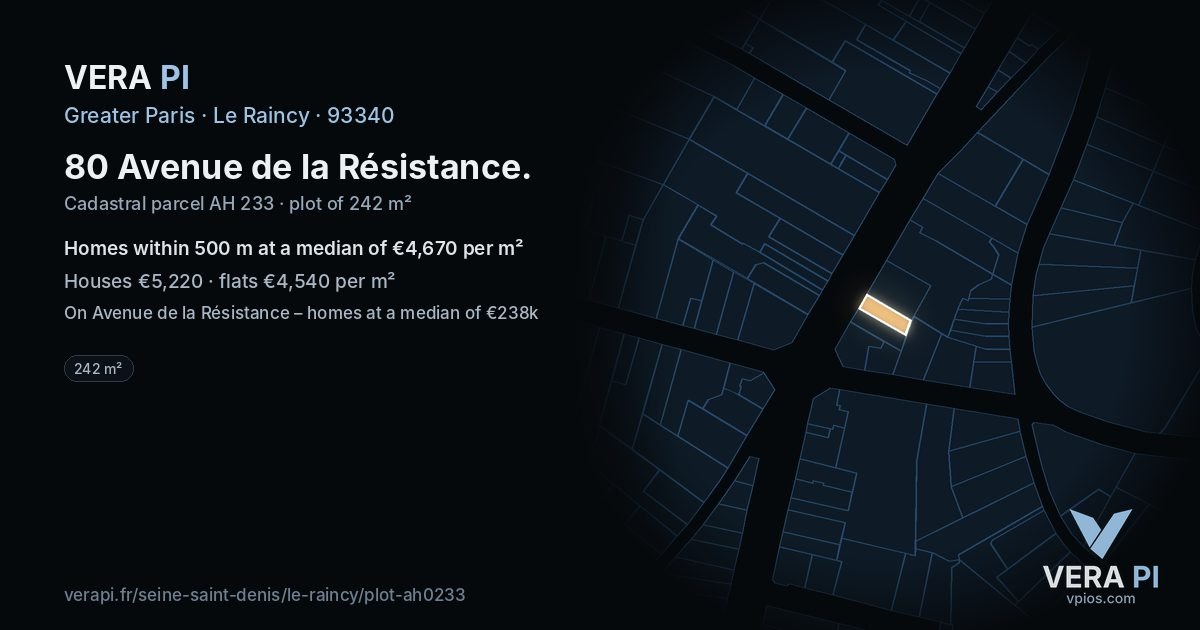 80 Avenue de la Résistance, Le Raincy at night – the plot lit, the parcels around coloured by the prices near them