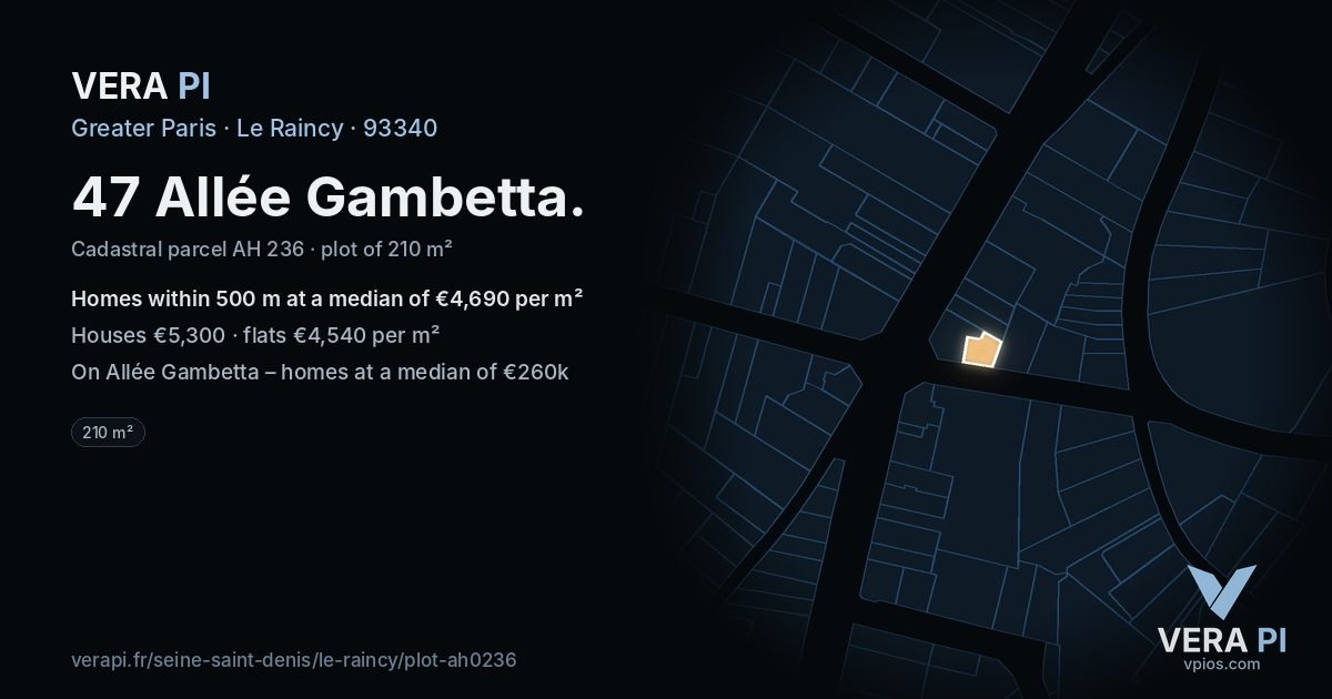 47 Allée Gambetta, Le Raincy at night – the plot lit, the parcels around coloured by the prices near them