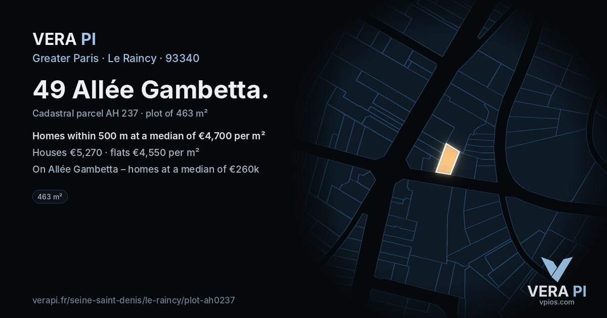 49 Allée Gambetta, Le Raincy at night – the plot lit, the parcels around coloured by the prices near them