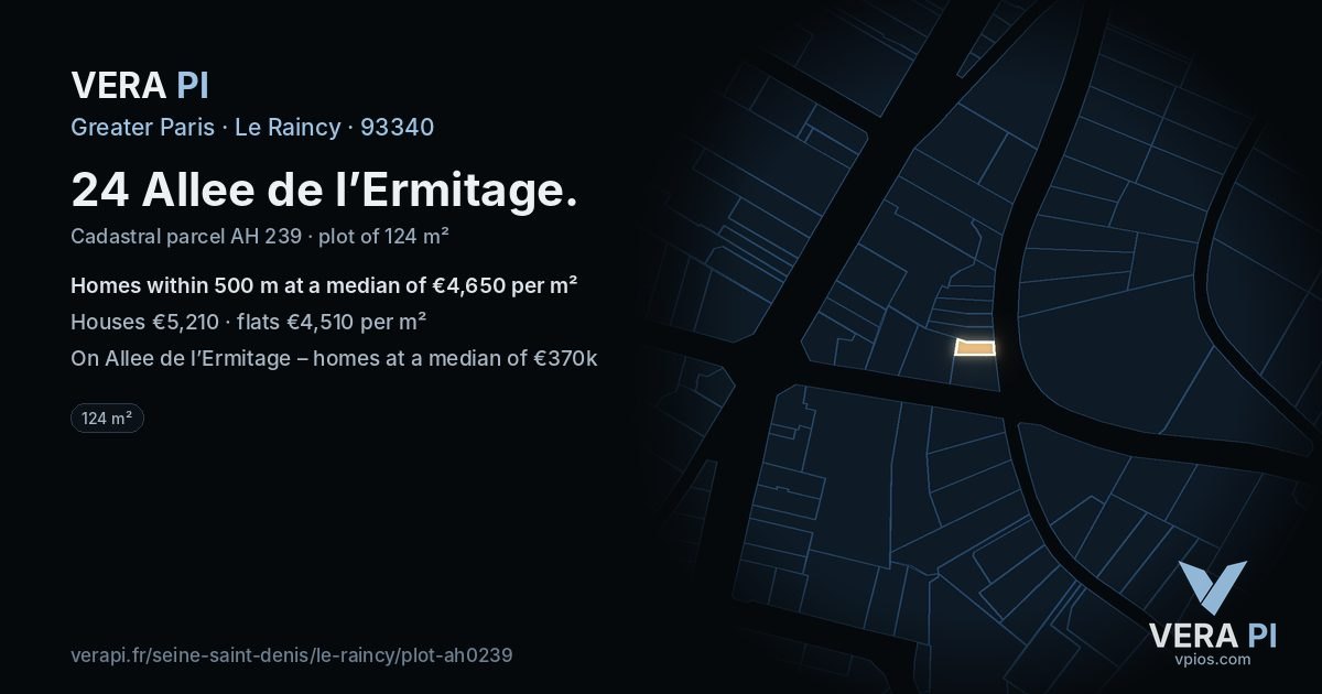 24 Allee de l’Ermitage, Le Raincy at night – the plot lit, the parcels around coloured by the prices near them