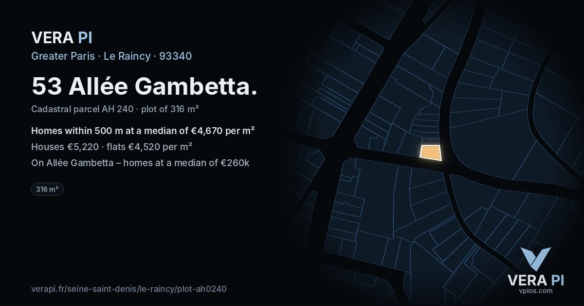 53 Allée Gambetta, Le Raincy at night – the plot lit, the parcels around coloured by the prices near them