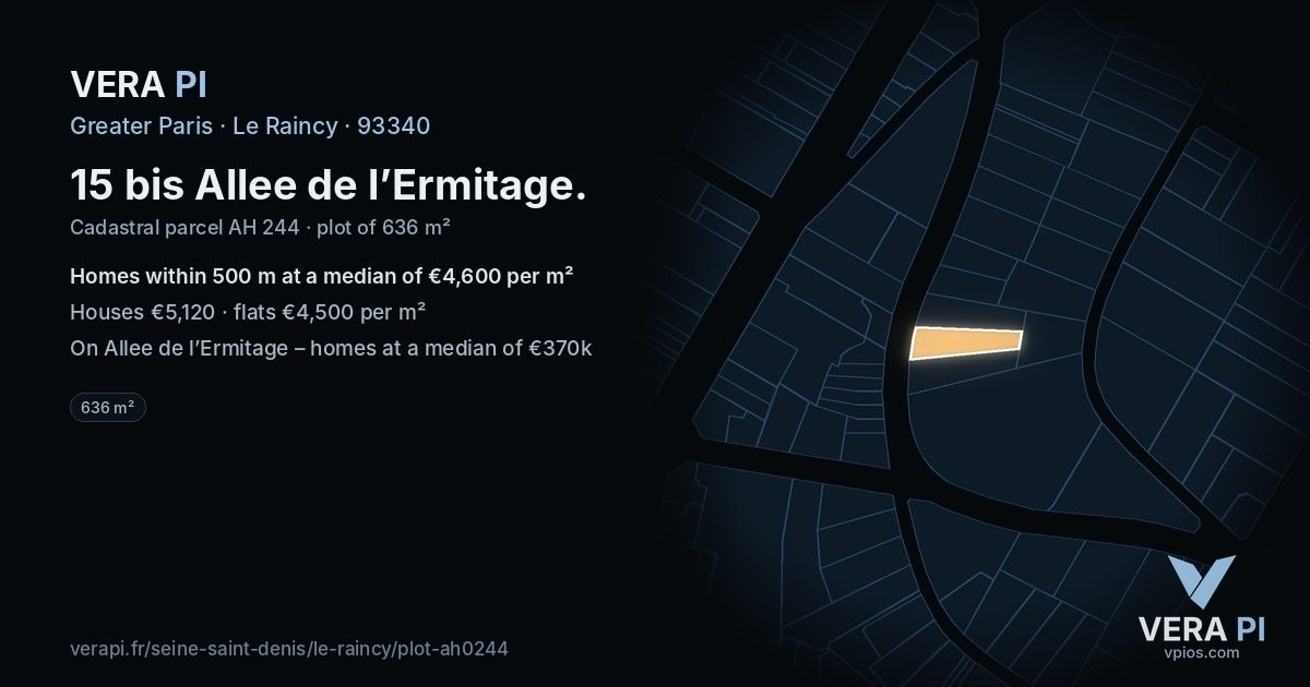 15 bis Allee de l’Ermitage, Le Raincy at night – the plot lit, the parcels around coloured by the prices near them