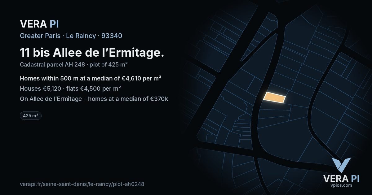 11 bis Allee de l’Ermitage, Le Raincy at night – the plot lit, the parcels around coloured by the prices near them
