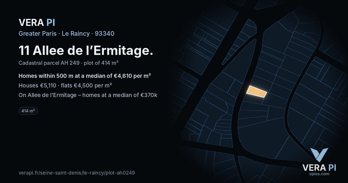 11 Allee de l’Ermitage, Le Raincy at night – the plot lit, the parcels around coloured by the prices near them