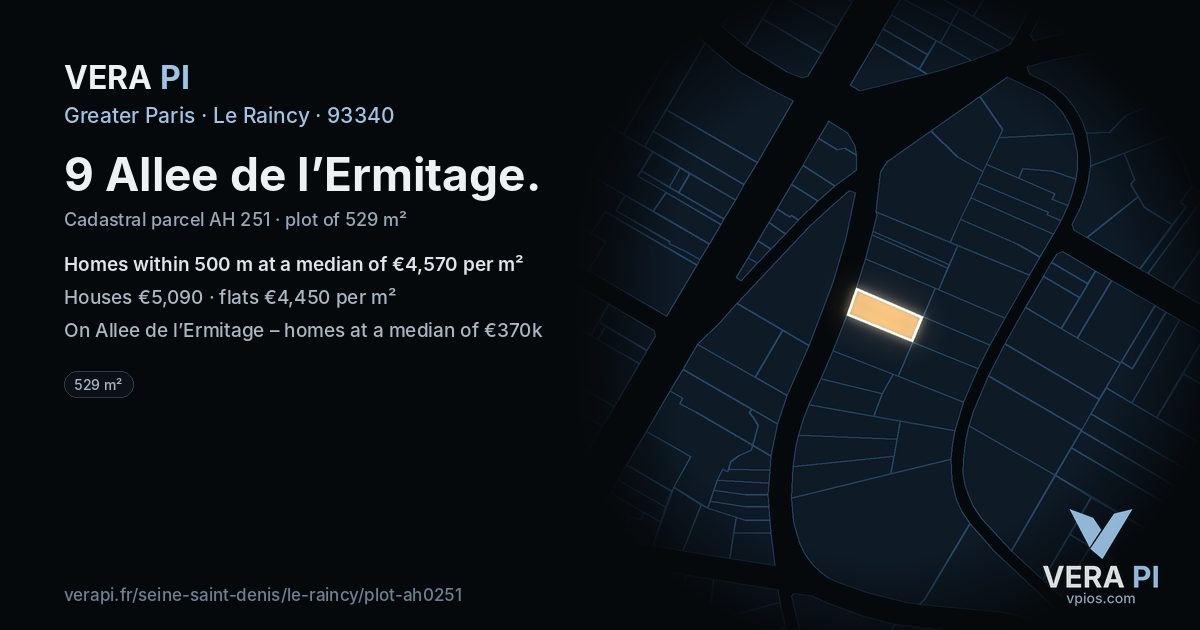 9 Allee de l’Ermitage, Le Raincy at night – the plot lit, the parcels around coloured by the prices near them