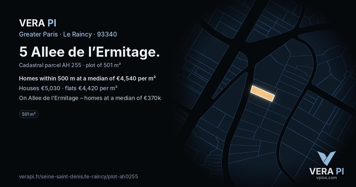 5 Allee de l’Ermitage, Le Raincy at night – the plot lit, the parcels around coloured by the prices near them