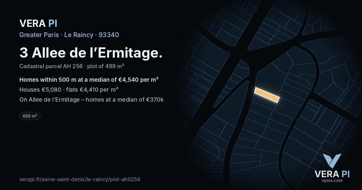 3 Allee de l’Ermitage, Le Raincy at night – the plot lit, the parcels around coloured by the prices near them