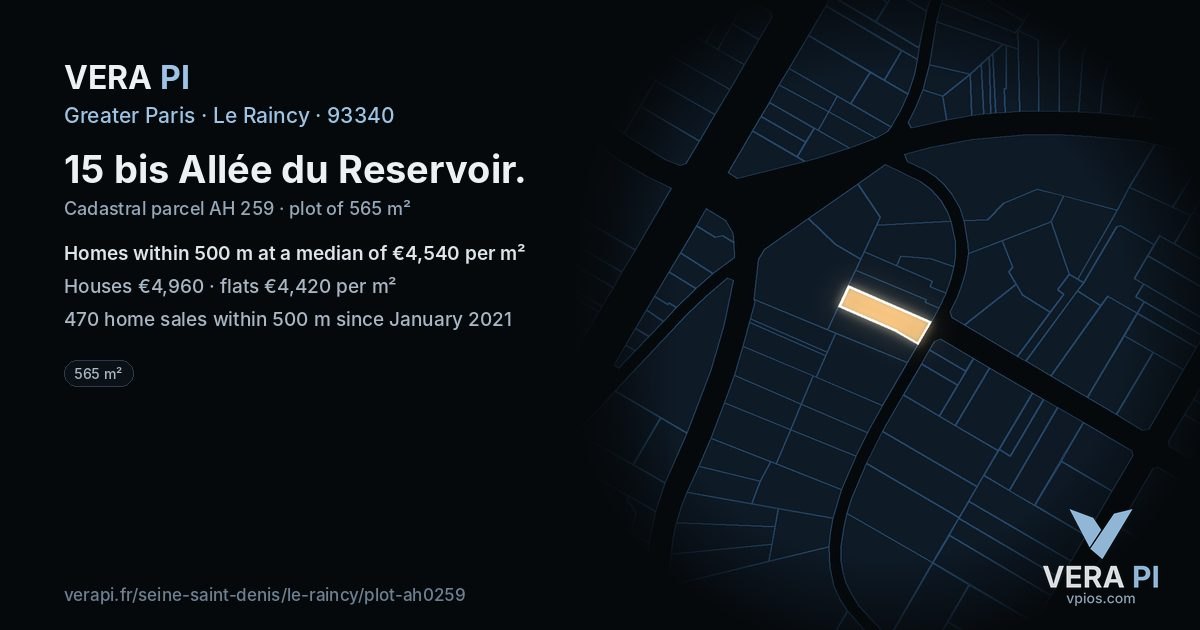 15 bis Allée du Reservoir, Le Raincy at night – the plot lit, the parcels around coloured by the prices near them