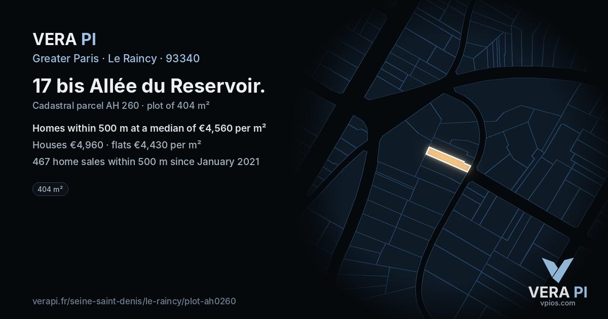 17 bis Allée du Reservoir, Le Raincy at night – the plot lit, the parcels around coloured by the prices near them