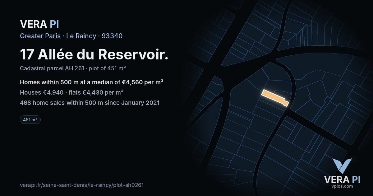 17 Allée du Reservoir, Le Raincy at night – the plot lit, the parcels around coloured by the prices near them