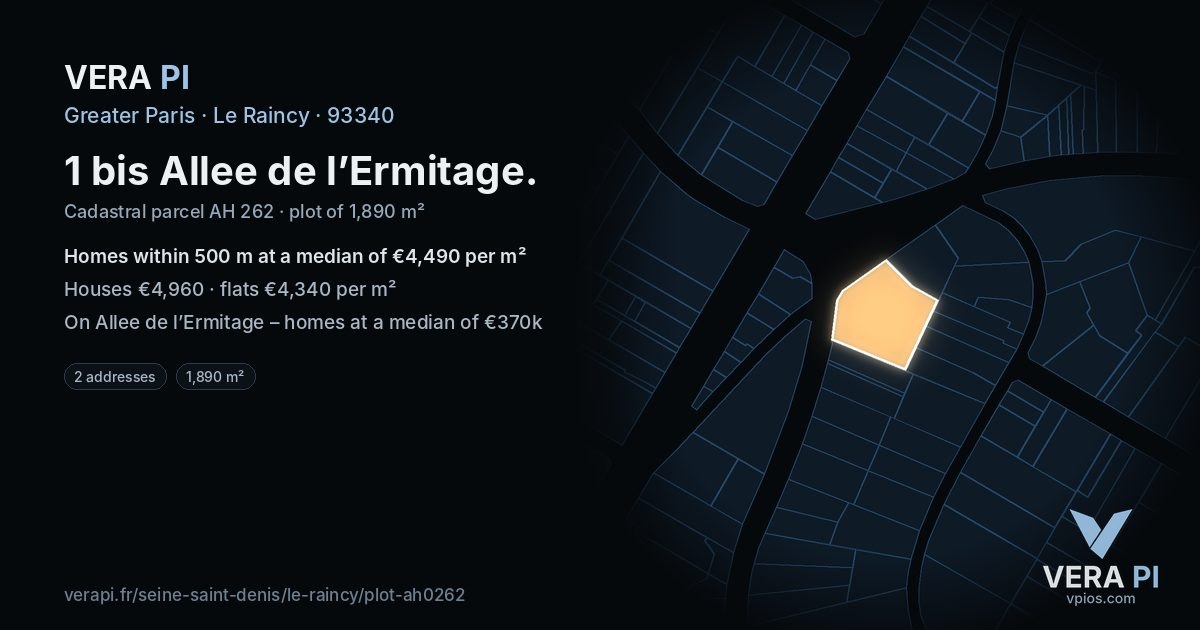 1 bis Allee de l’Ermitage, Le Raincy at night – the plot lit, the parcels around coloured by the prices near them