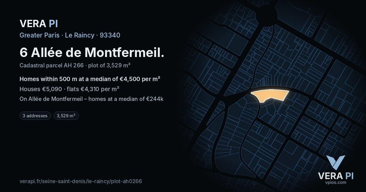 6 Allée de Montfermeil, Le Raincy at night – the plot lit, the parcels around coloured by the prices near them