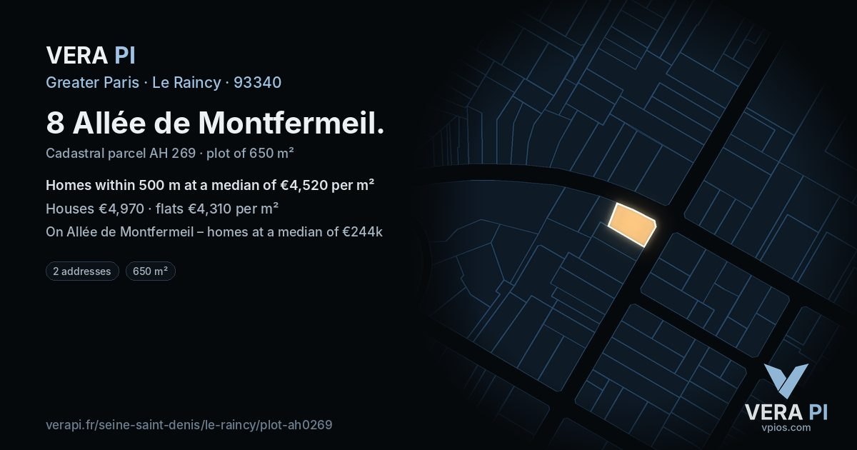 8 Allée de Montfermeil, Le Raincy at night – the plot lit, the parcels around coloured by the prices near them