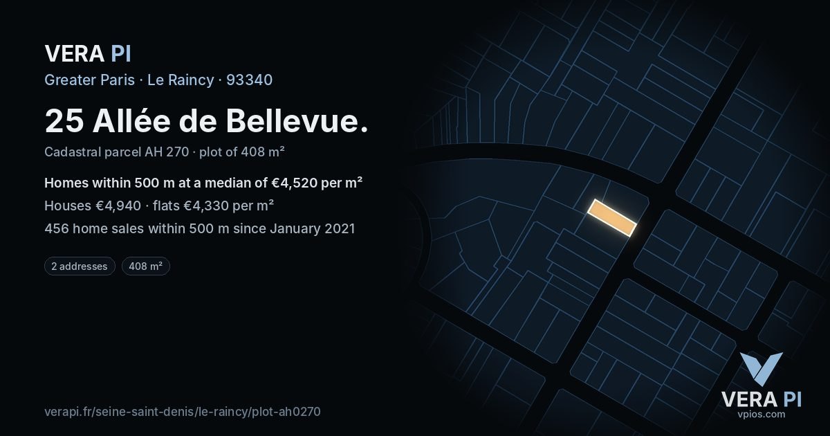 25 Allée de Bellevue, Le Raincy at night – the plot lit, the parcels around coloured by the prices near them