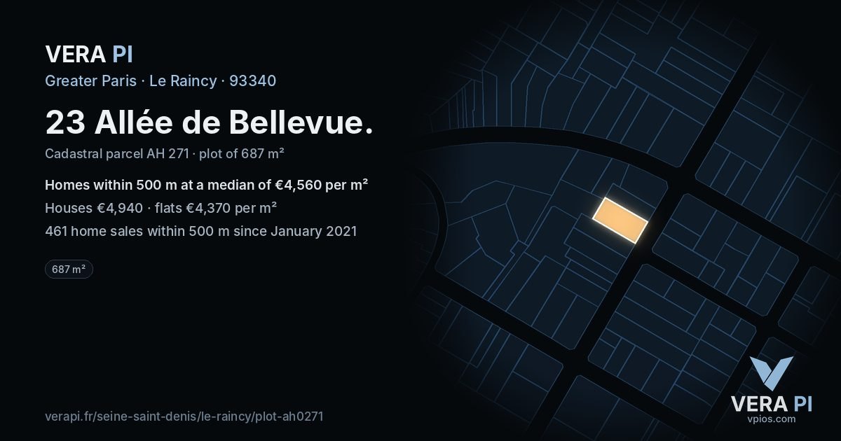 23 Allée de Bellevue, Le Raincy at night – the plot lit, the parcels around coloured by the prices near them