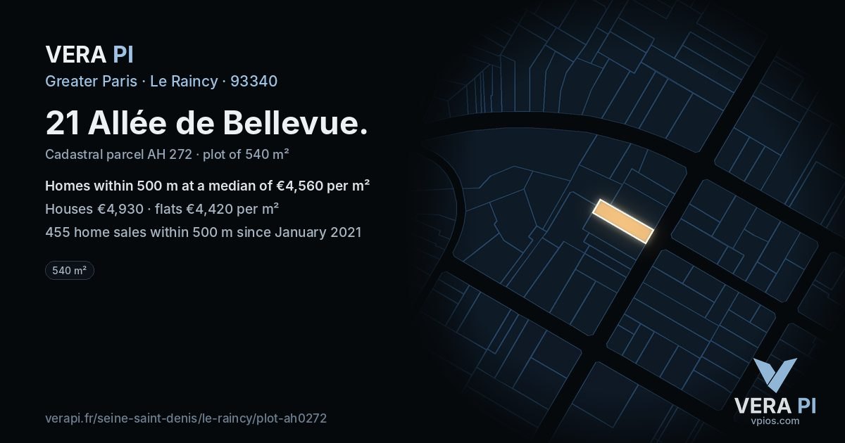 21 Allée de Bellevue, Le Raincy at night – the plot lit, the parcels around coloured by the prices near them