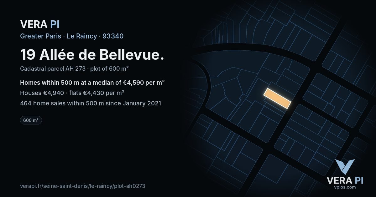 19 Allée de Bellevue, Le Raincy at night – the plot lit, the parcels around coloured by the prices near them