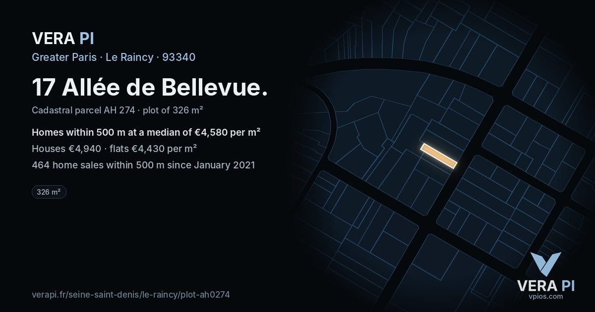 17 Allée de Bellevue, Le Raincy at night – the plot lit, the parcels around coloured by the prices near them
