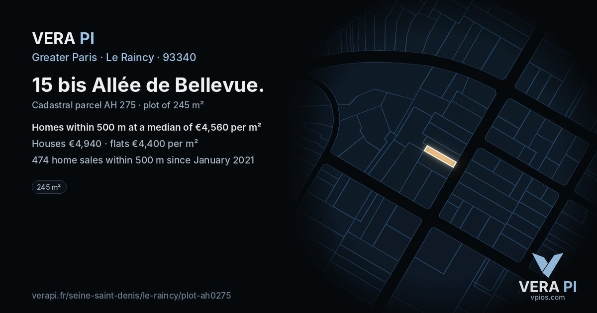 15 bis Allée de Bellevue, Le Raincy at night – the plot lit, the parcels around coloured by the prices near them