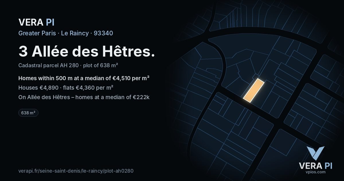 3 Allée des Hêtres, Le Raincy at night – the plot lit, the parcels around coloured by the prices near them