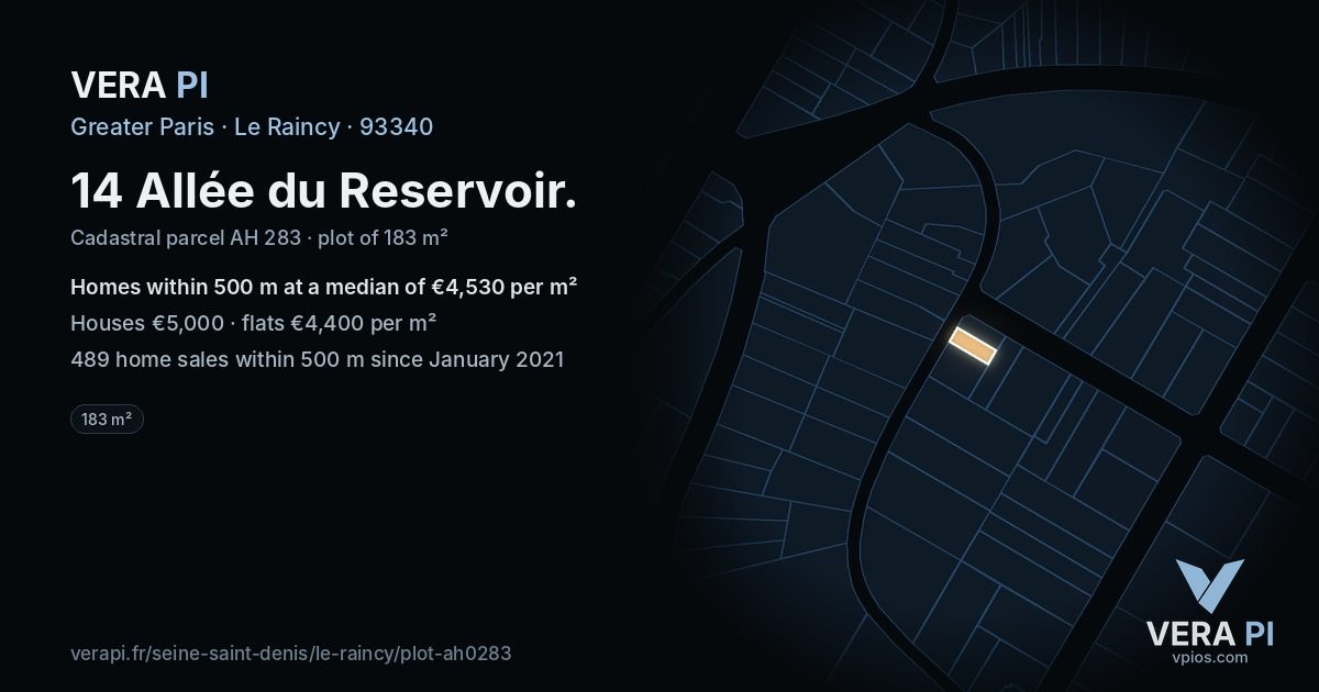 14 Allée du Reservoir, Le Raincy at night – the plot lit, the parcels around coloured by the prices near them