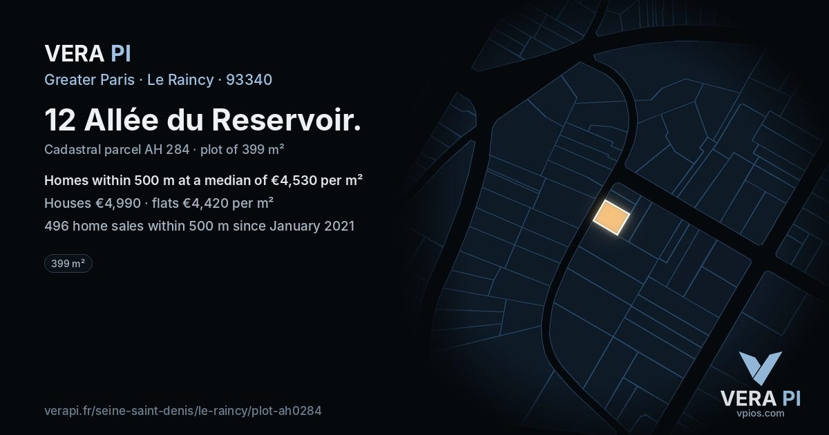 12 Allée du Reservoir, Le Raincy at night – the plot lit, the parcels around coloured by the prices near them