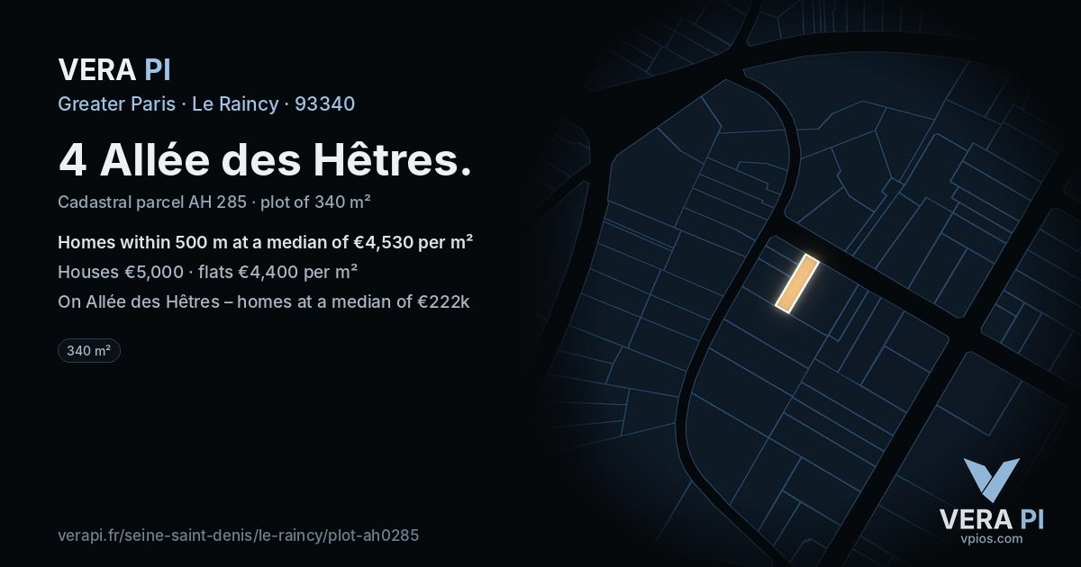 4 Allée des Hêtres, Le Raincy at night – the plot lit, the parcels around coloured by the prices near them