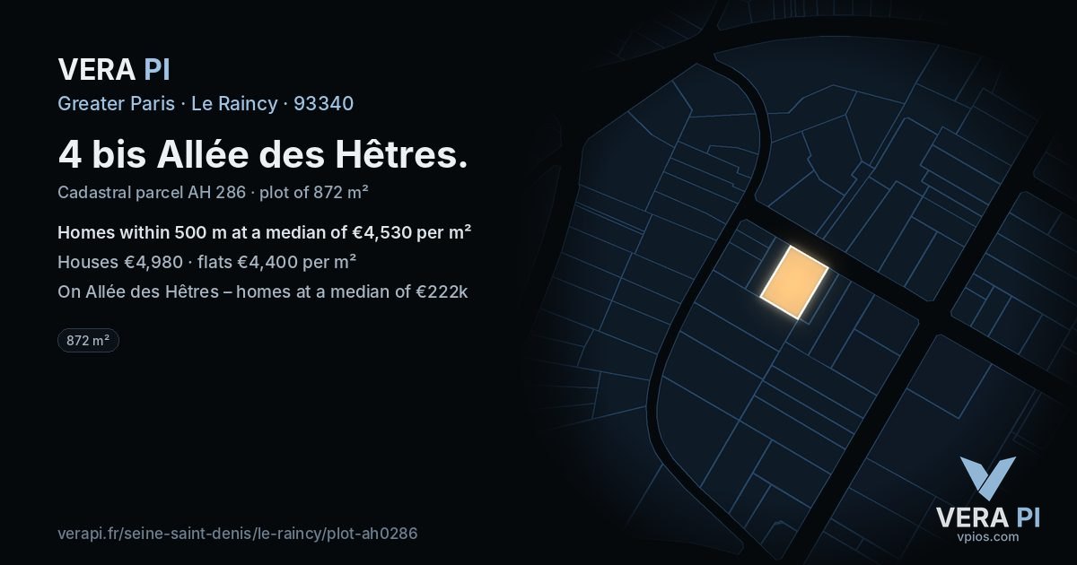 4 bis Allée des Hêtres, Le Raincy at night – the plot lit, the parcels around coloured by the prices near them