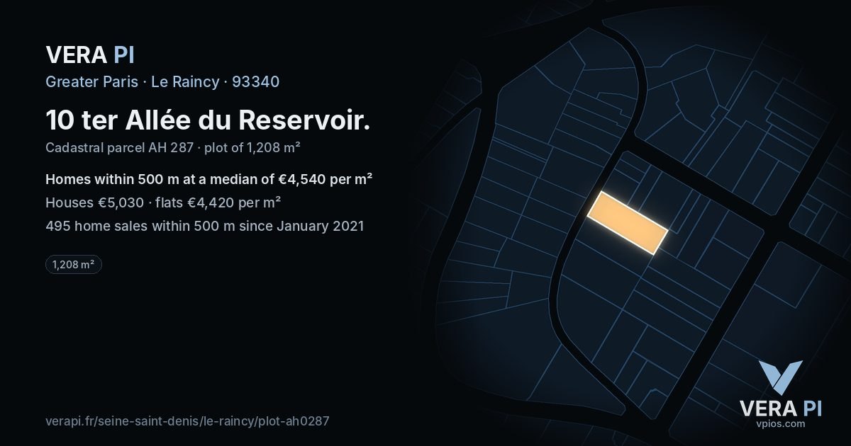 10 ter Allée du Reservoir, Le Raincy at night – the plot lit, the parcels around coloured by the prices near them