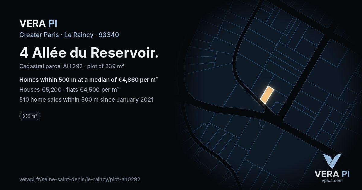 4 Allée du Reservoir, Le Raincy at night – the plot lit, the parcels around coloured by the prices near them