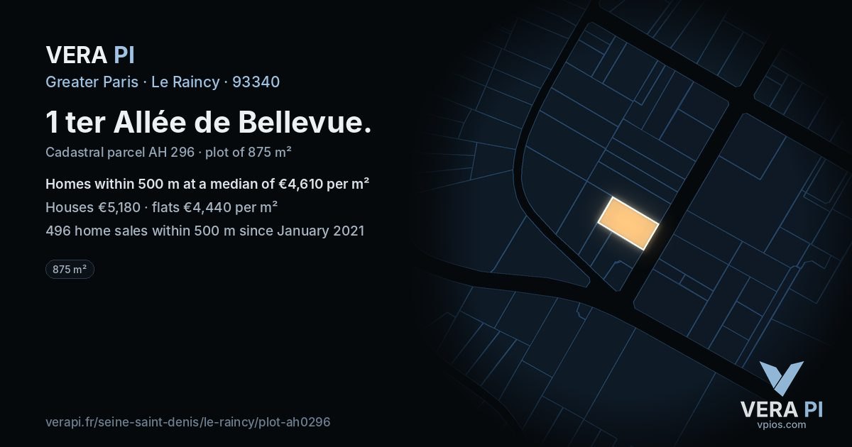 1 ter Allée de Bellevue, Le Raincy at night – the plot lit, the parcels around coloured by the prices near them