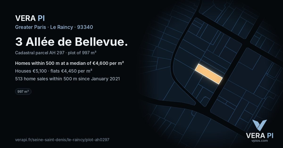 3 Allée de Bellevue, Le Raincy at night – the plot lit, the parcels around coloured by the prices near them