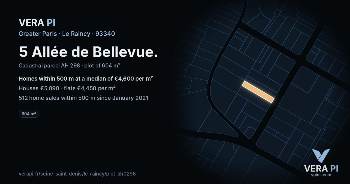 5 Allée de Bellevue, Le Raincy at night – the plot lit, the parcels around coloured by the prices near them