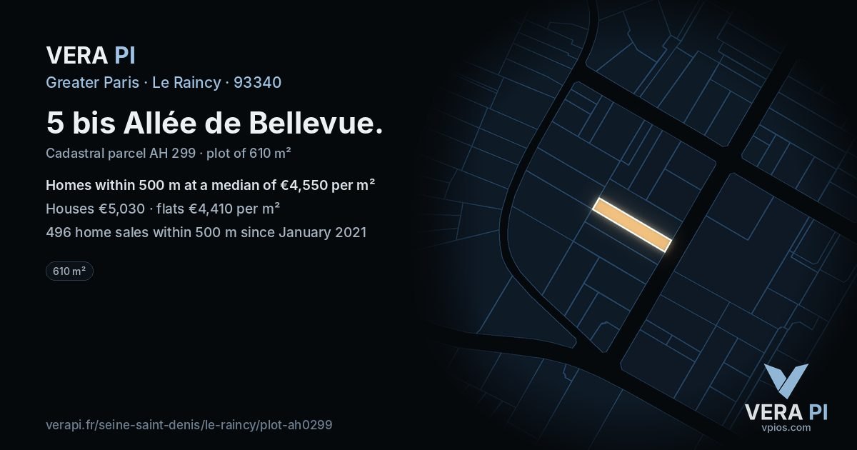 5 bis Allée de Bellevue, Le Raincy at night – the plot lit, the parcels around coloured by the prices near them