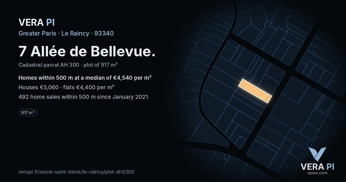 7 Allée de Bellevue, Le Raincy at night – the plot lit, the parcels around coloured by the prices near them