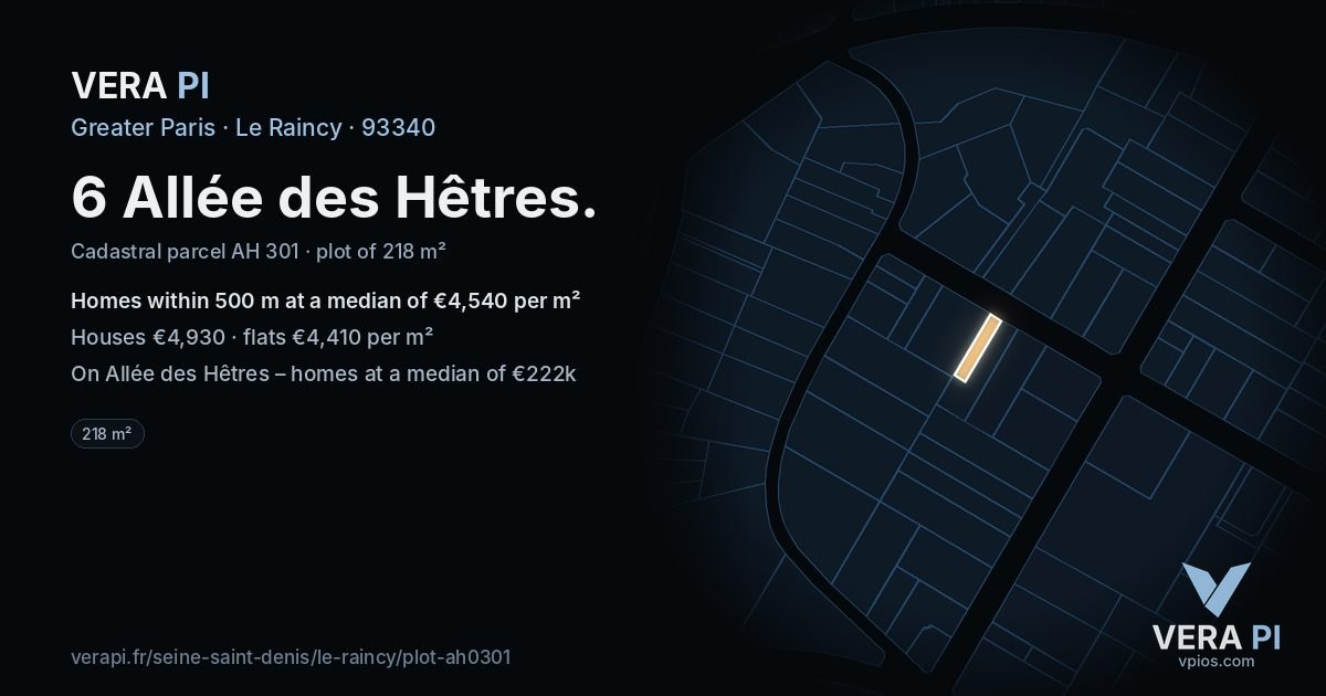 6 Allée des Hêtres, Le Raincy at night – the plot lit, the parcels around coloured by the prices near them